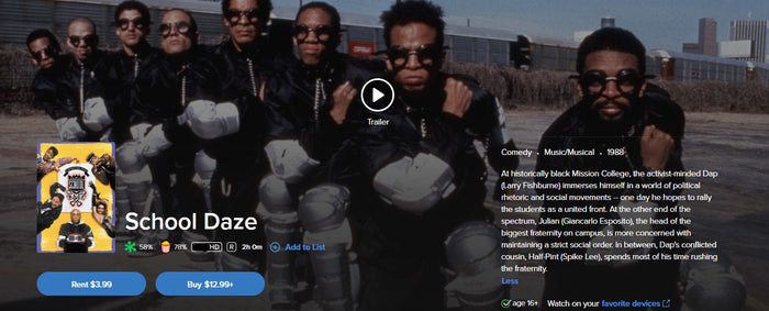 School Daze HD Digital Code (1988) (Redeems in Movies Anywhere; HDX Vudu Fandango at Home & HD iTunes Apple TV Transfer From Movies Anywhere)