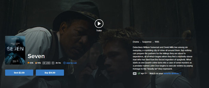 Se7en 4K Digital Code (1995) (Redeems in Movies Anywhere; 4K Vudu Fandango at Home & 4K iTunes Apple TV Transfer From Movies Anywhere)