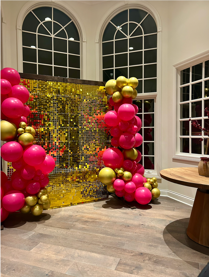 Shimmer Wall Rental with Custom Sign and  Balloon Garland (7ft-9ft)