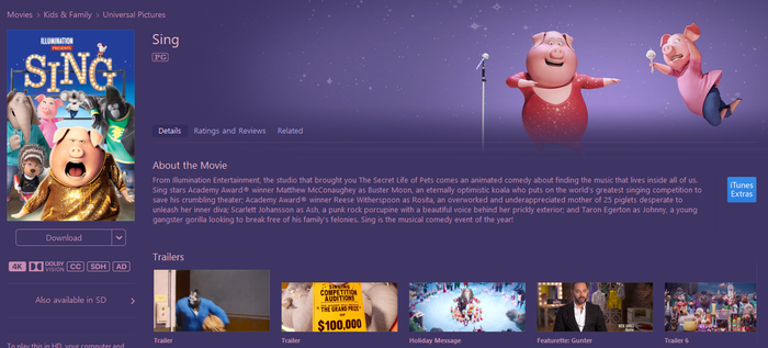 Sing iTunes 4K Digital Code (Redeems in iTunes; UHD Vudu & 4K Google Play Transfer Across Movies Anywhere)