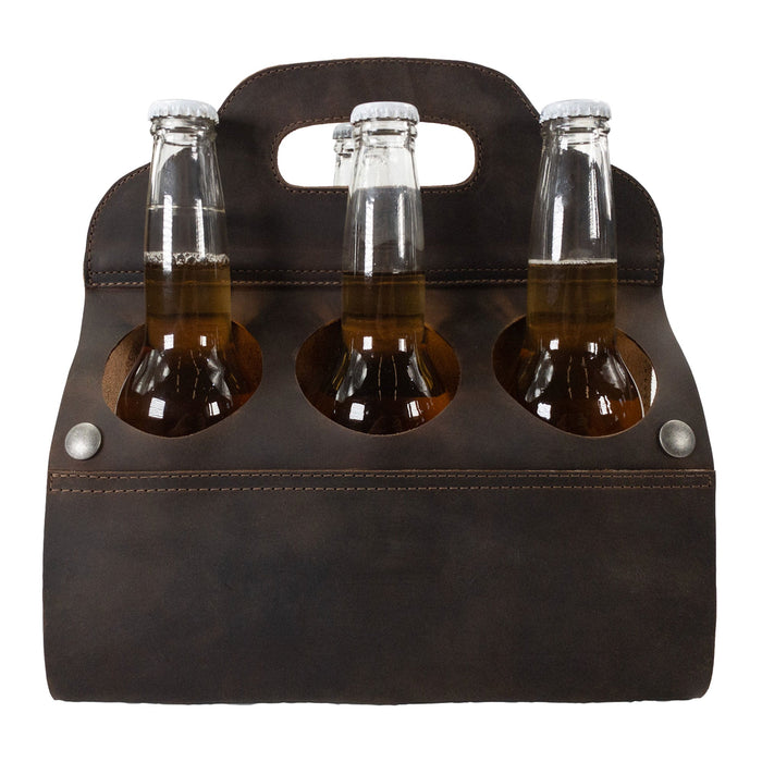 Front view of Hide & Drink's Six Bottle Caddy displaying three beverage slots, serving as an ideal Beer Holster for Bike. Made from Full Grain Leather, each piece showcases the artistry of Small Batch Production, hand cut and hand sewn for lasting quality.