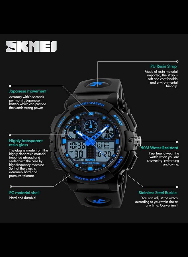 SKMEI Sports Wrist Watch Dual Display Analog and Digital Multi Functional LED Screen 50M Waterproof Mens Gadget