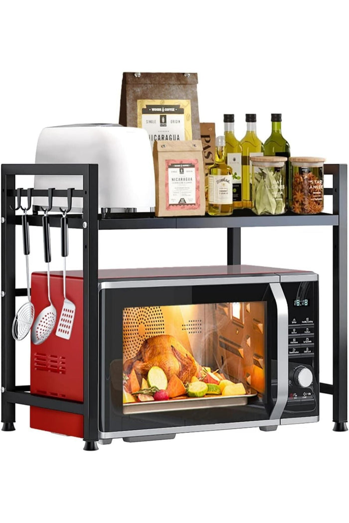 SKY-TOUCH Microwave Oven Rack, Expandable Microwave Stand with 6 Hooks, Kitchen Utensils Tableware S