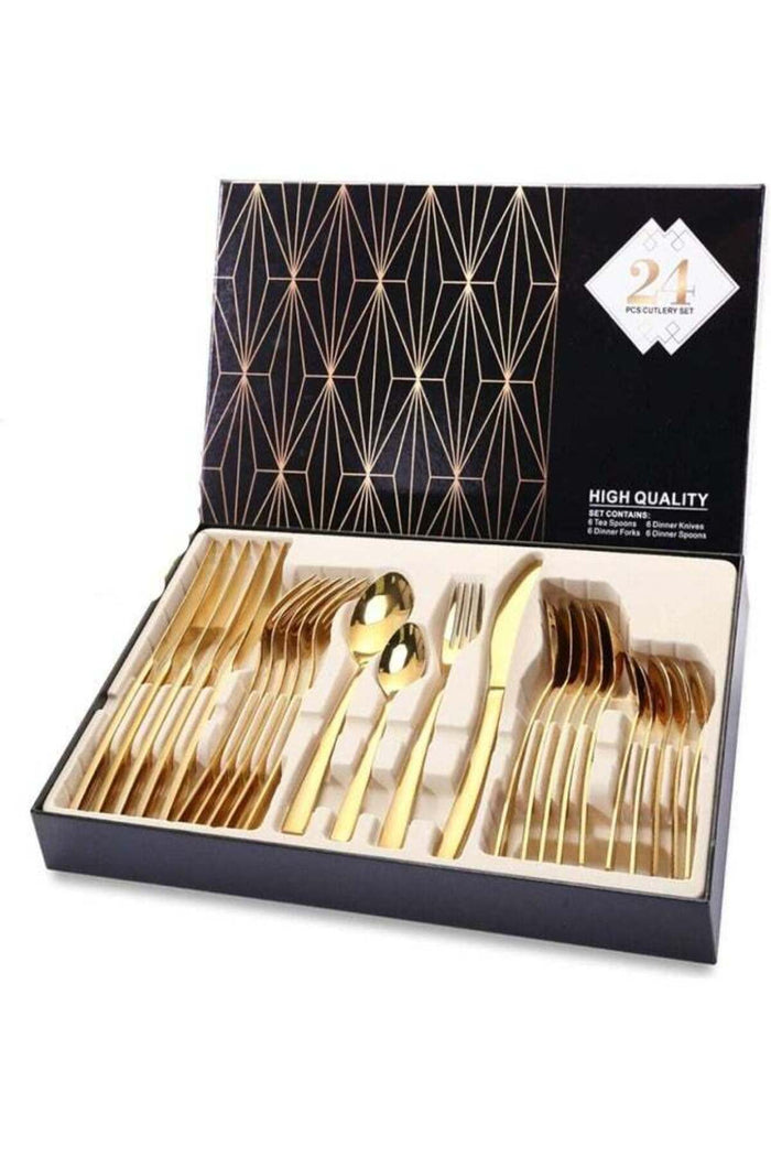SKY-TOUCH Stainless Steel Cutlery Set, 24-Piece Set of Golden Tableware