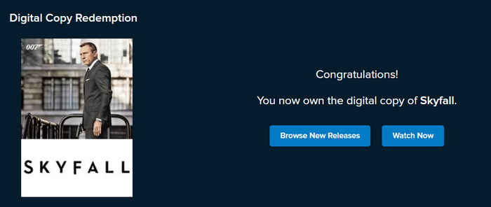 Skyfall Vudu Fandango at Home HDX Digital Code (2012)