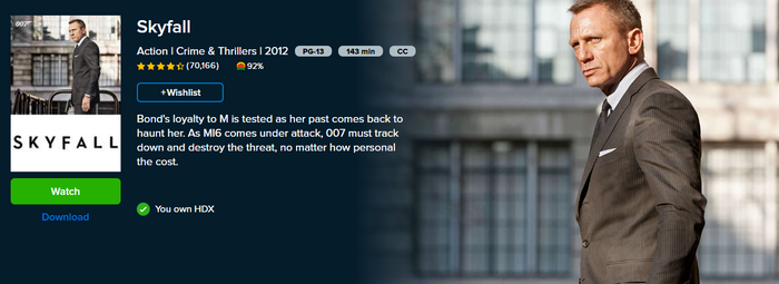 Skyfall Vudu Fandango at Home HDX Digital Code (2012)