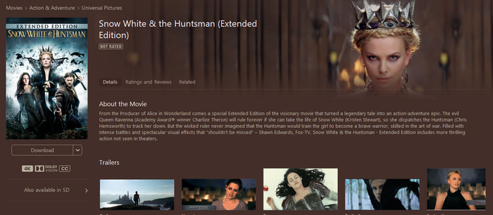 Snow White and the Huntsman: Extended Edition iTunes 4K Digital Code (Redeems in iTunes; UHD Vudu & 4K Google TV Transfer Across Movies Anywhere)
