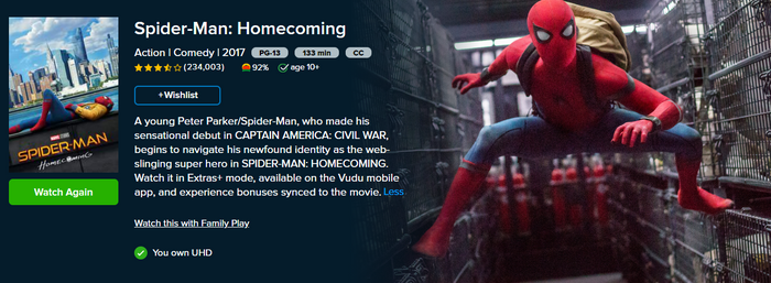 Spider-Man: Homecoming 4K Digital Code (2017) (Redeems in Movies Anywhere; 4K Vudu Fandango & 4K iTunes Apple TV Transfer From Movies Anywhere)