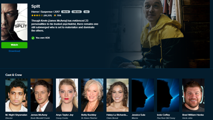 Split HD Digital Code (2017) (Redeems in Movies Anywhere; HDX Vudu Fandango at Home & HD iTunes Apple TV Transfer From Movies Anywhere)