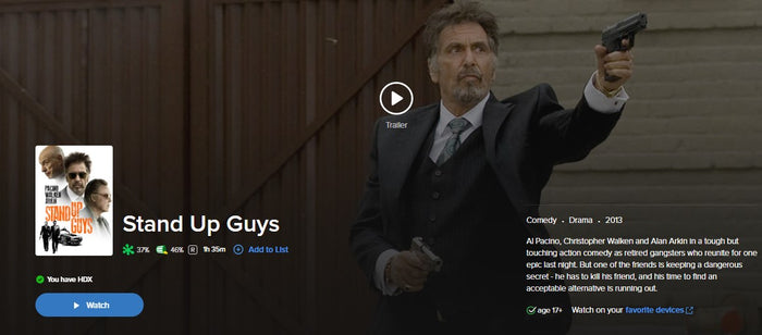 Stand Up Guys Vudu Fandango at Home HDX Digital Code (2013)