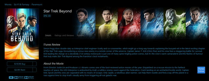 Star Trek: Beyond iTunes Apple TV 4K Digital Code (2016)