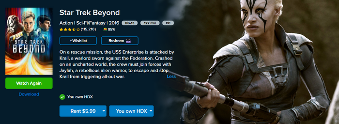 Star Trek: Beyond Vudu Fandango at Home HDX Digital Code (2016)