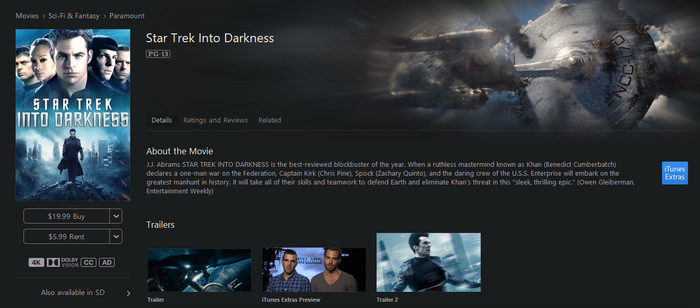 Star Trek: Into Darkness iTunes Apple TV 4K Digital Code (2013)