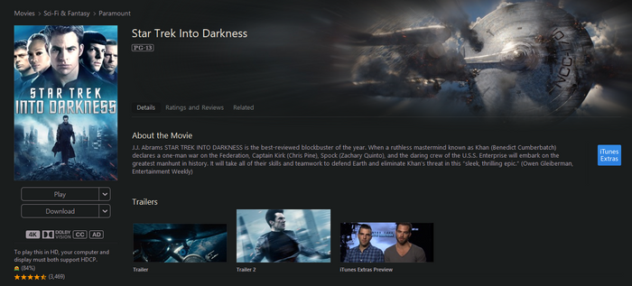 Star Trek: Into Darkness iTunes Apple TV 4K Digital Code (2013)