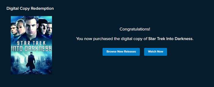 Star Trek: Into Darkness Vudu HDX Digital Code