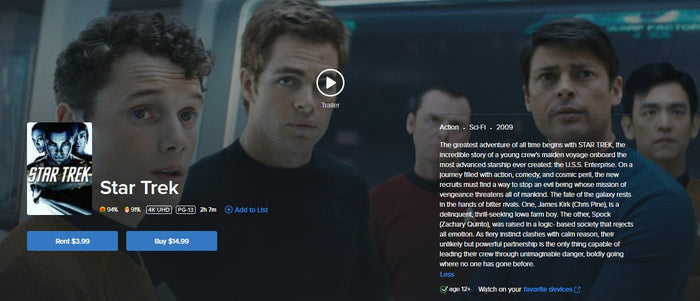 Star Trek Vudu Fandango at Home 4K Digital Code (2009)