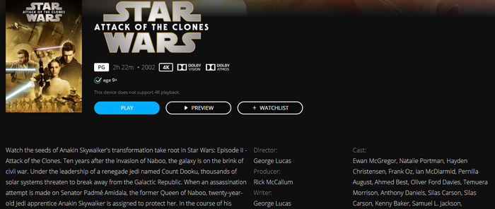 Star Wars: Episode II - Attack of the Clones 4K Digital Code (2002) (Redeems in Movies Anywhere; UHD Vudu & 4K iTunes Transfer From Movies Anywhere)
