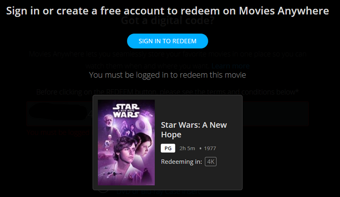 Star Wars: Episode IV - A New Hope 4K Digital Code (1977) (Redeems in Movies Anywhere; 4K Vudu Fandango & 4K iTunes Apple TV Transfer From MA)