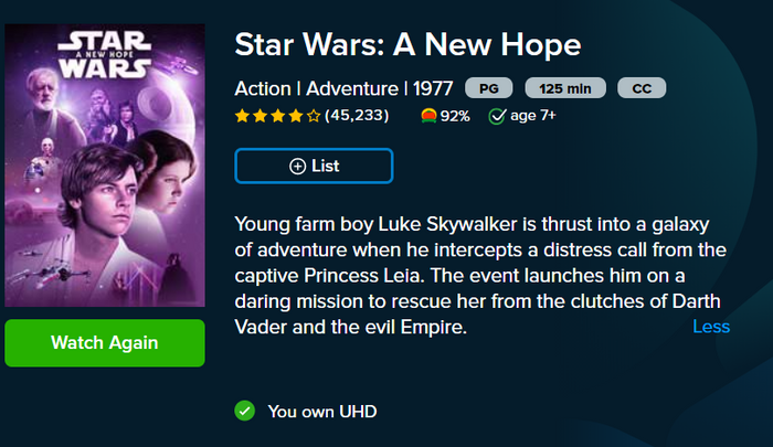 Star Wars: Episode IV - A New Hope 4K Digital Code (1977) (Redeems in Movies Anywhere; 4K Vudu Fandango & 4K iTunes Apple TV Transfer From MA)