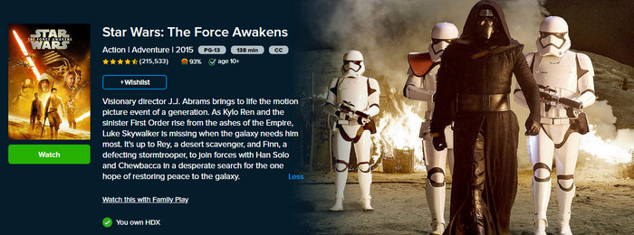 Star Wars: Episode VII - The Force Awakens Google TV HD Digital Code (Redeems in Google TV; HD Movies Anywhere & HDX Vudu & HD iTunes Transfer Across Movies Anywhere)