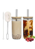 Sweet seven 2-Pack 24 oz Reusable Boba Cups with Wood Lids and Straws - Wide Mouth Jar Smoothie Cups for Bubble Tea and Iced Coffee
