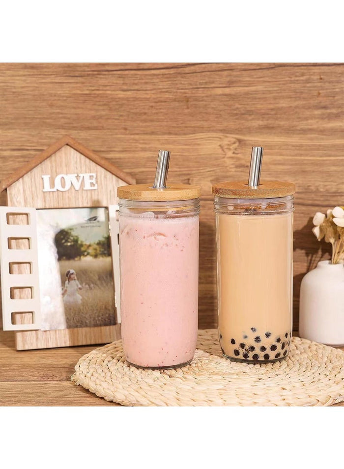 Sweet seven 2-Pack 24 oz Reusable Boba Cups with Wood Lids and Straws - Wide Mouth Jar Smoothie Cups for Bubble Tea and Iced Coffee