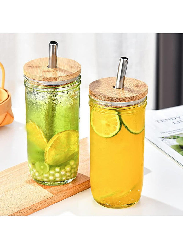Sweet seven 2-Pack 24 oz Reusable Boba Cups with Wood Lids and Straws - Wide Mouth Jar Smoothie Cups for Bubble Tea and Iced Coffee
