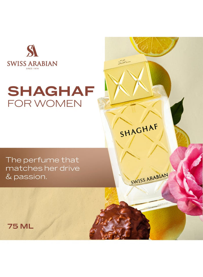 SWISS ARABIAN Shaghaf for Women Eau de Parfum, 75ml, Premium Quality Perfume, Women Perfume, Citrus, Fruity, Luxurious Blend