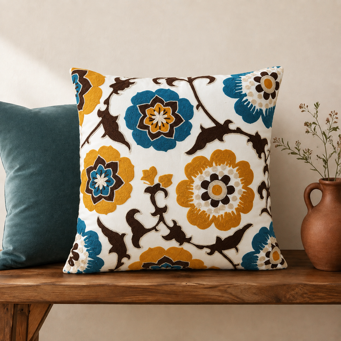 Teal & Mustard Folk Floral Embroidered Pillow Cover