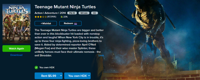 Teenage Mutant Ninja Turtles Vudu Fandango at Home HDX Digital Code (2014)
