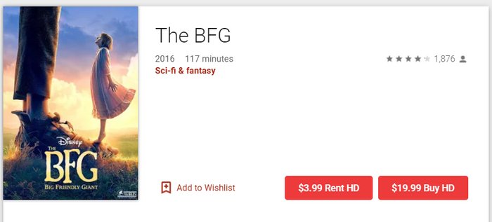 The BFG Google Play YouTube HD Digital Code (2016) (Redeems in Google Play; HDX Vudu Fandango at Home & HD iTunes Apple TV Transfer Across MA)