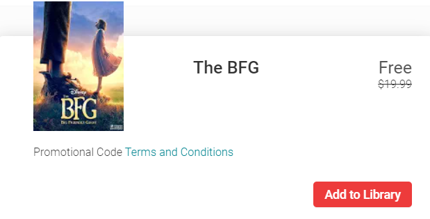 The BFG Google Play YouTube HD Digital Code (2016) (Redeems in Google Play; HDX Vudu Fandango at Home & HD iTunes Apple TV Transfer Across MA)