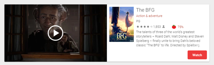 The BFG Google Play YouTube HD Digital Code (2016) (Redeems in Google Play; HDX Vudu Fandango at Home & HD iTunes Apple TV Transfer Across MA)