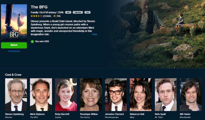 The BFG HD Digital Code (2016) (Redeems in Movies Anywhere; HDX Vudu Fandango & HD iTunes Apple TV Transfer From Movies Anywhere)
