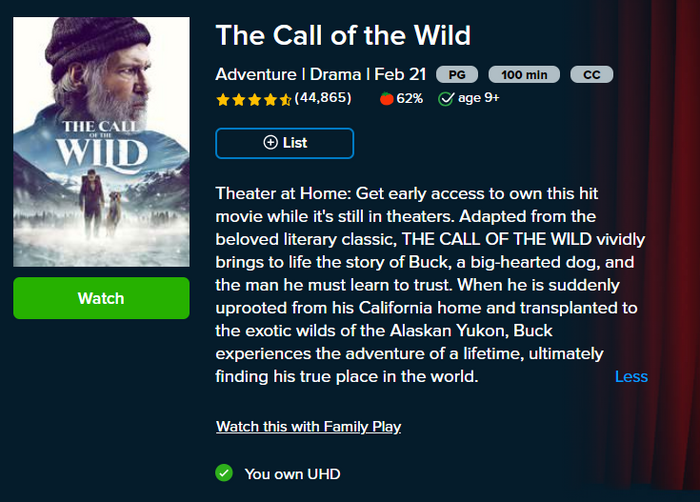 The Call of the Wild 4K Digital Code (2020) (Redeems in Movies Anywhere; 4K Vudu Fandango at Home & 4K iTunes Apple TV Transfer From Movies Anywhere)