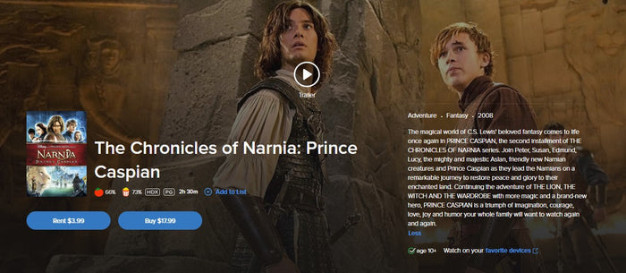 The Chronicles of Narnia: Prince Caspian HD Digital Code (2008) (Redeems in Movies Anywhere; HDX Vudu Fandango at Home & HD iTunes Apple TV Transfer From Movies Anywhere)