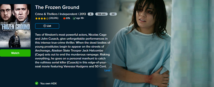The Frozen Ground Vudu Fandango at Home HDX Digital Code (2013)