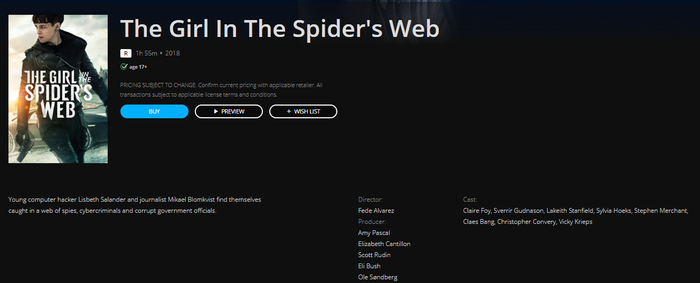 The Girl In The Spider's Web SD Digital Code (2018) (Redeems in Movies Anywhere; SD Vudu Fandango at Home & SD iTunes Apple TV Transfer From Movies Anywhere) (THIS IS A STANDARD DEFINITION [SD] CODE)