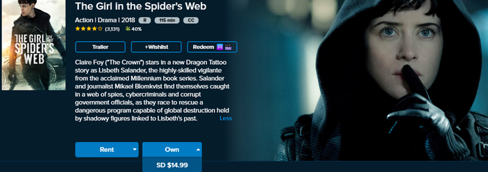 The Girl In The Spider's Web SD Digital Code (2018) (Redeems in Movies Anywhere; SD Vudu Fandango at Home & SD iTunes Apple TV Transfer From Movies Anywhere) (THIS IS A STANDARD DEFINITION [SD] CODE)