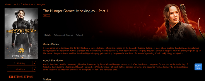 The Hunger Games: Mockingjay Part 1 iTunes Apple TV 4K Digital Code (2014) (Redeems in iTunes Apple TV; 4K Vudu Fandango Transfers Across Movies Anywhere)