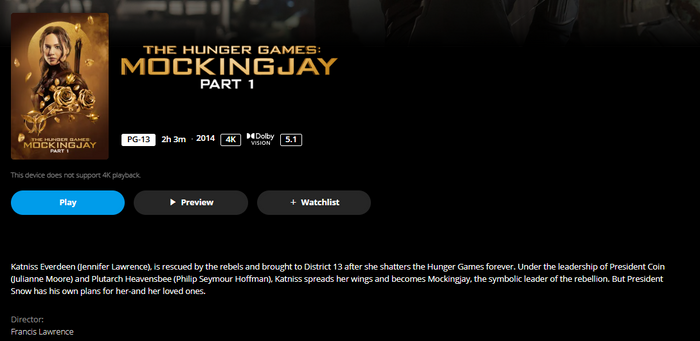 The Hunger Games: Mockingjay Part 1 iTunes Apple TV 4K Digital Code (2014) (Redeems in iTunes Apple TV; 4K Vudu Fandango Transfers Across Movies Anywhere)