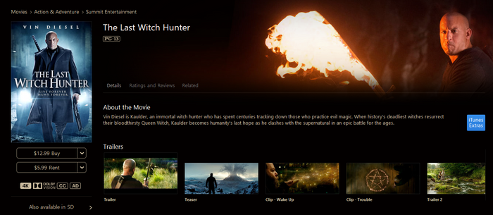 The Last Witch Hunter iTunes Apple TV 4K Digital Code (2015) (Redeems in iTunes Apple TV; 4K Vudu Fandango Transfers Across Movies Anywhere)