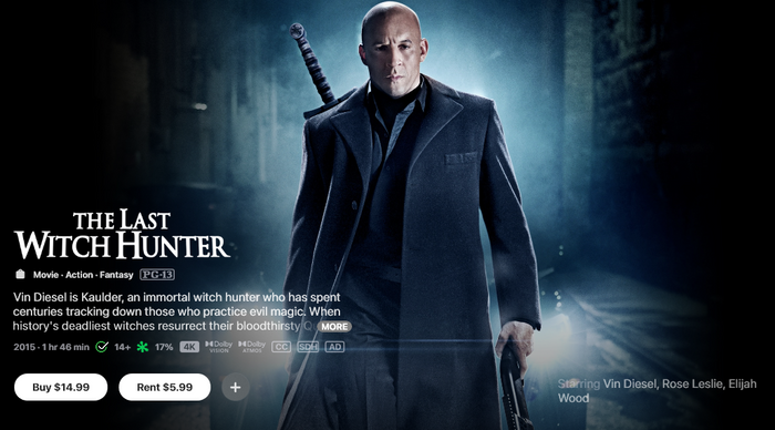 The Last Witch Hunter iTunes Apple TV 4K Digital Code (2015) (Redeems in iTunes Apple TV; 4K Vudu Fandango Transfers Across Movies Anywhere)