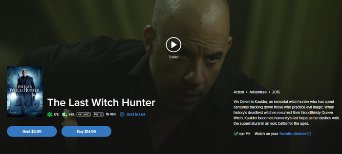 The Last Witch Hunter iTunes Apple TV 4K Digital Code (2015) (Redeems in iTunes Apple TV; 4K Vudu Fandango Transfers Across Movies Anywhere)