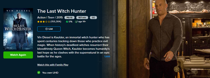The Last Witch Hunter iTunes Apple TV 4K Digital Code (2015) (Redeems in iTunes Apple TV; 4K Vudu Fandango Transfers Across Movies Anywhere)