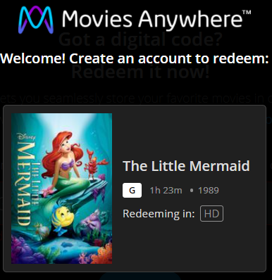 The Little Mermaid HD Digital Code (1989 Theatrical) (Redeems in Movies Anywhere; HDX Vudu Fandango at Home & HD iTunes Apple TV Transfer from MA)