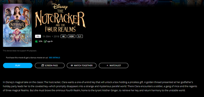 The Nutcracker and the Four Realms 4K Digital Code (2018) (Redeems in Movies Anywhere; 4K Vudu Fandango at Home & 4K iTunes Apple TV Transfer From Movies Anywhere)