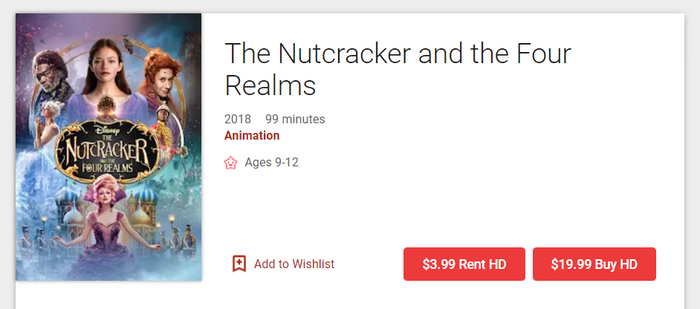 The Nutcracker and the Four Realms Google Play YouTube HD Digital Code (2018) (Redeems in Google Play; HDX Vudu Fandango at Home & HD iTunes Apple TV Transfer Across Movies Anywhere)