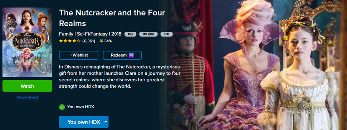 The Nutcracker and the Four Realms Google Play YouTube HD Digital Code (2018) (Redeems in Google Play; HDX Vudu Fandango at Home & HD iTunes Apple TV Transfer Across Movies Anywhere)