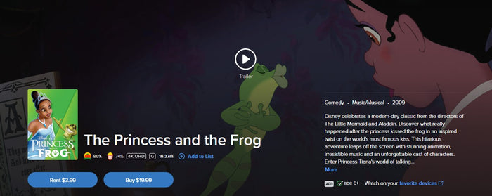 The Princess and the Frog 4K Digital Code (2009) (Redeems in Movies Anywhere; 4K Vudu Fandango at Home & 4K iTunes Apple TV Transfer From MA)